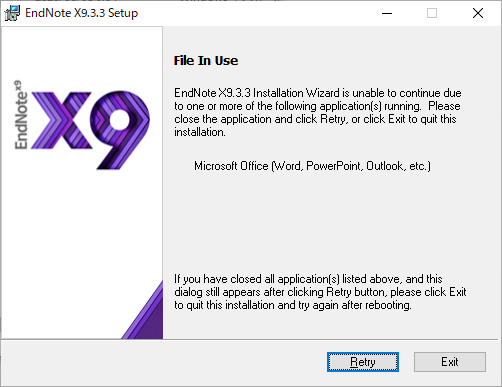 インストール時に File In Use や Endnote And Microsoft Word Cannot Be Open During Endnote Installation Microsoft Word Is Currently Running が表示され インストールできない Q A詳細 学術情報 論文作成支援 ユサコ株式会社