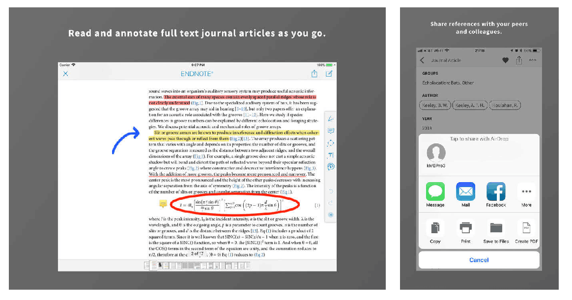 EndNote for iOSのiPad版とiPhone版のイメージ PDFとシェア